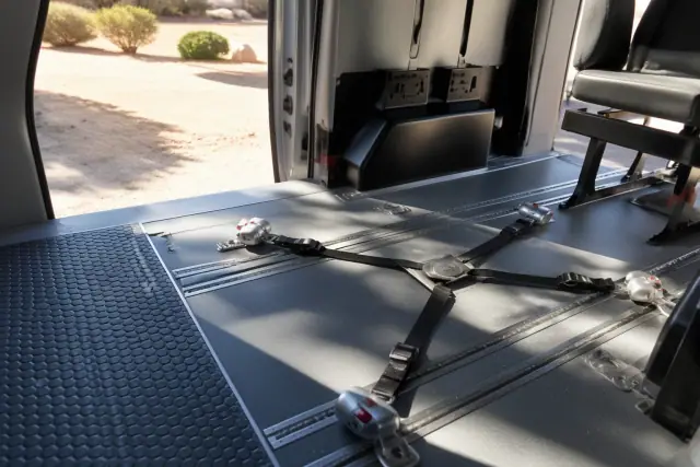 Wheelchair securement station with four-point tie-down straps inside a medical transport vehicle in Phoenix, AZ.