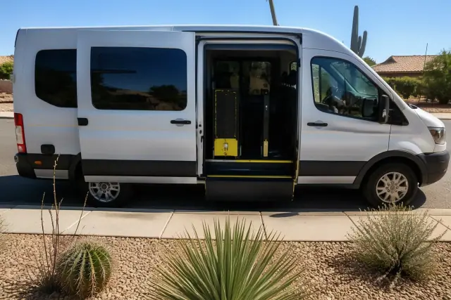 Medical transport vehicle with open doors for passenger boarding in Sun City, AZ, parked on a desert gravel lot.