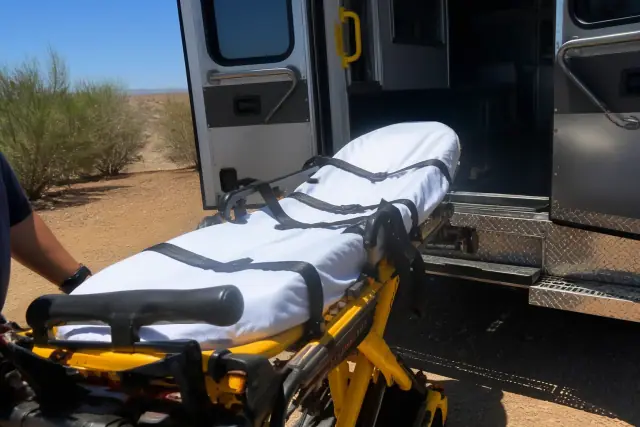 Stretcher being loaded into a medical transport vehicle in Glendale, AZ with desert sagebrush in the background.