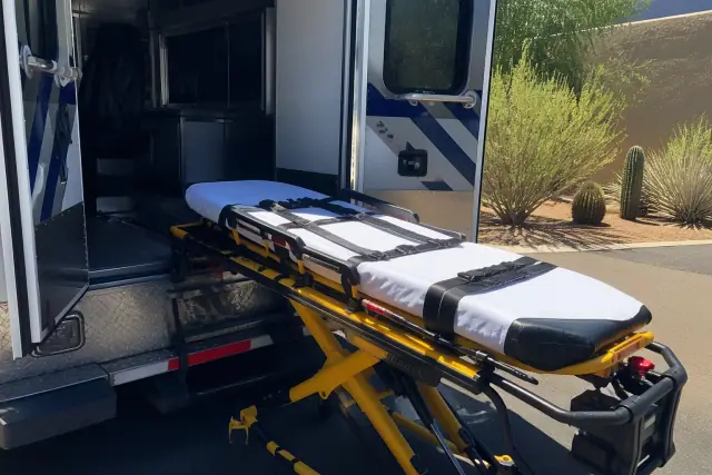 Stretcher loading procedure into a medical transport vehicle in Phoenix, AZ, showing safety belts and locking mechanisms.