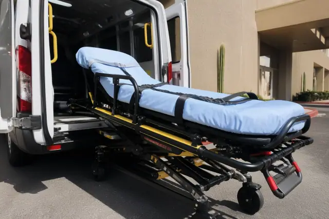 Secured medical stretcher with safety belts at the rear of a transport van in Phoenix, AZ.