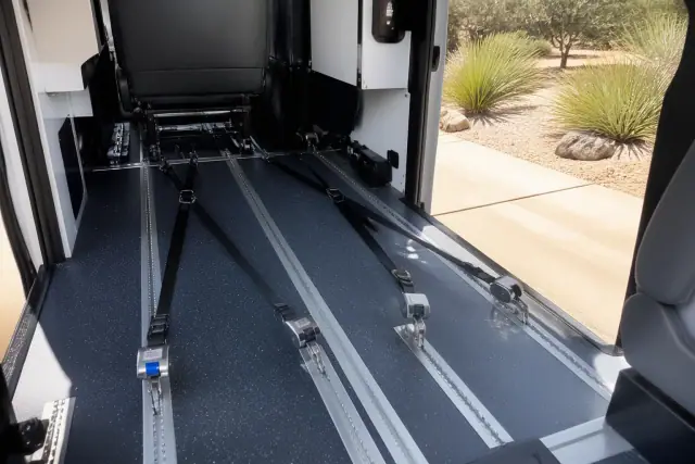 Wheelchair securement station with four-point tie-down straps installed in a transport vehicle in Mesa, AZ.