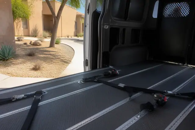 Interior of a medical transport van with floor tracking and tie-down straps in Phoenix, AZ.