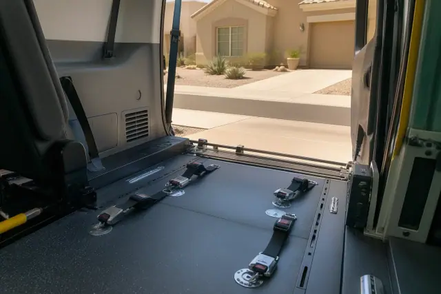 Wheelchair securement station with floor tracking and tie-down straps in a vehicle in Phoenix, AZ.