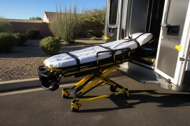A medical stretcher secured at the rear of a transport vehicle for a dialysis appointment in Phoenix, AZ.