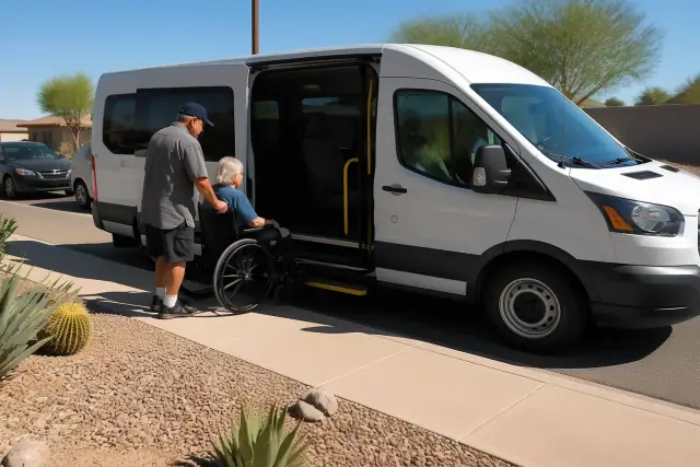 A transport vehicle parked curbside for passenger boarding assistance in Phoenix, AZ.
