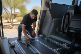 Service professional inspecting floor tracking and tie-down straps in a transport van in Phoenix, AZ.