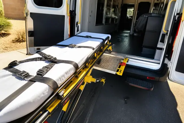 A stretcher secured at the rear of a transport vehicle during loading in Phoenix, AZ.