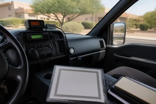 Documentation and radio equipment on a vehicle dashboard in Phoenix, AZ with desert landscaping visible through the window.