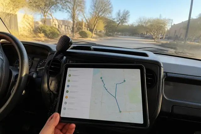 A tablet showing a dialysis transport route map on a vehicle dashboard in Phoenix, AZ with desert views outside.