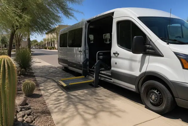 A van with an open side door and wheelchair lift parked by a curb in Phoenix, AZ, near desert landscaping.