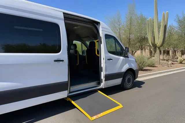 Transport vehicle with open sliding doors and an internal safety ramp parked on a paved surface in Phoenix, AZ.