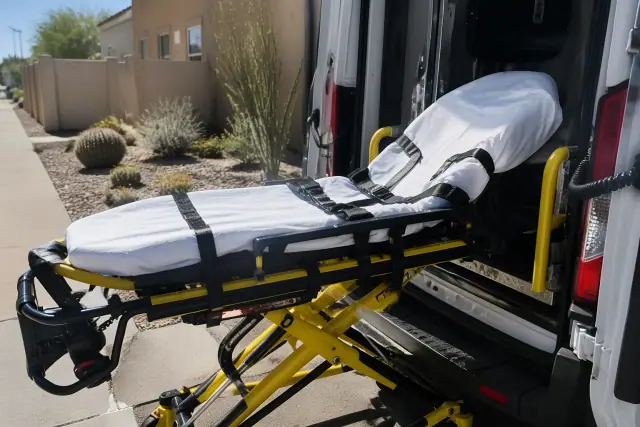 Stretcher secured at the rear doors of a medical transport vehicle in a Phoenix, AZ desert landscape.