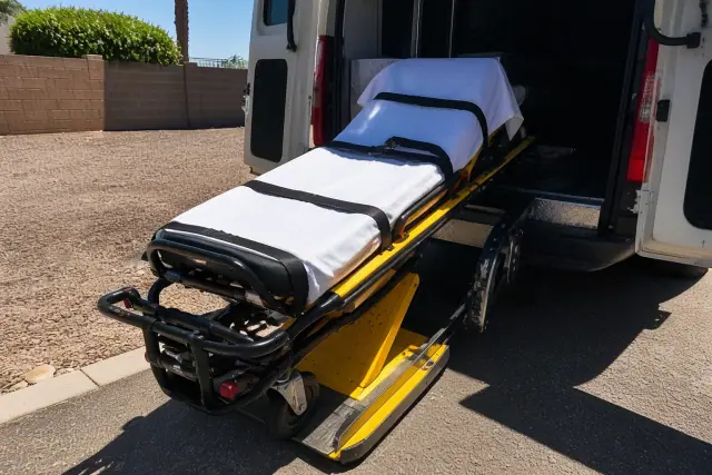 Stretcher being loaded into a transport vehicle for hospital discharge in Phoenix, AZ, parked on desert gravel.