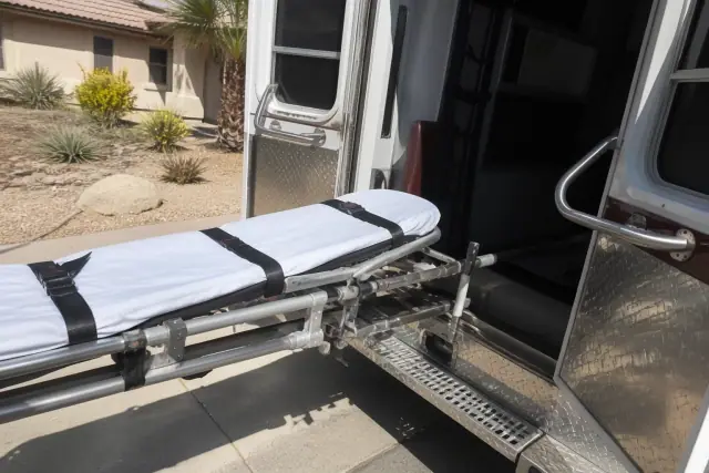 Stretcher secured at the rear of a transport vehicle during a residential pickup in Phoenix, AZ.