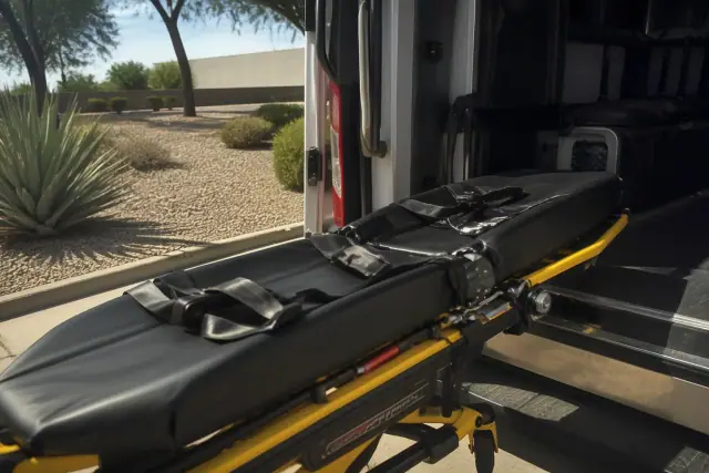 A stretcher secured in a transport vehicle in Phoenix, AZ, showing safety belts and locking mechanisms during loading.
