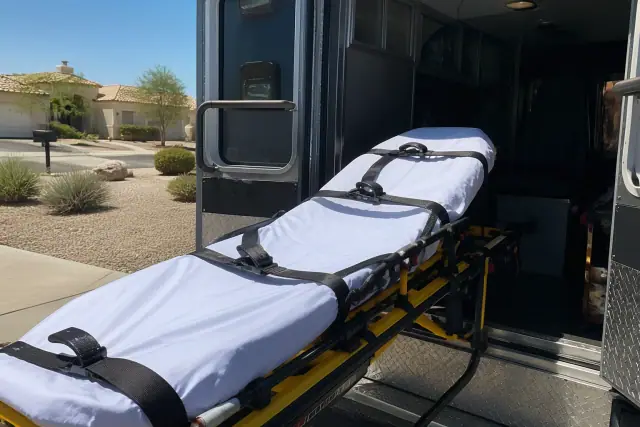 Stretcher loading procedure into a medical transport vehicle in Gilbert, AZ.