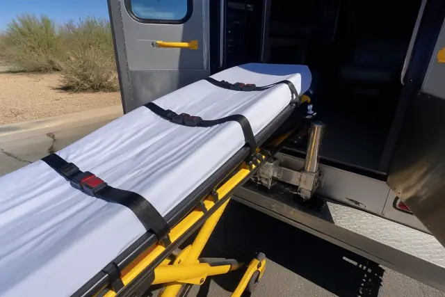 A stretcher secured in a medical transport vehicle with safety belts, parked in Phoenix, AZ.