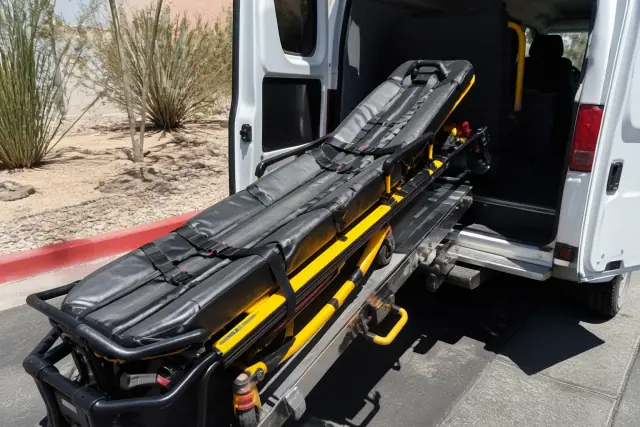 Stretcher secured at the rear of a medical transport vehicle during loading in Phoenix, AZ.
