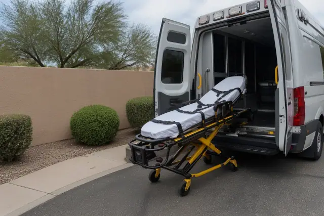 Medical transport stretcher being loaded into a vehicle at a job site with desert landscaping in Peoria, AZ.