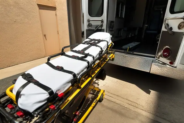 A medical stretcher secured at the rear of a transport vehicle during loading in Phoenix, AZ.
