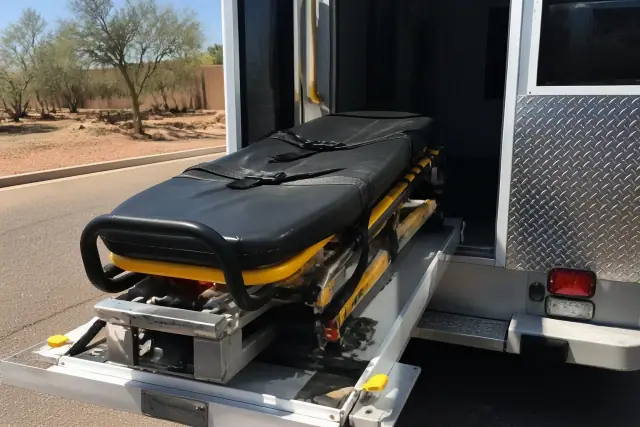 Stretcher loaded at the rear of a vehicle during a medical transport job in Phoenix, AZ.