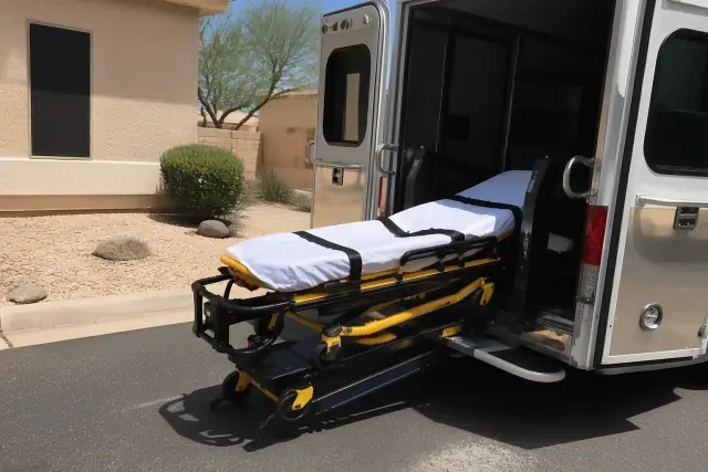 Stretcher secured at the back of a medical transport vehicle during loading in Mesa, AZ.