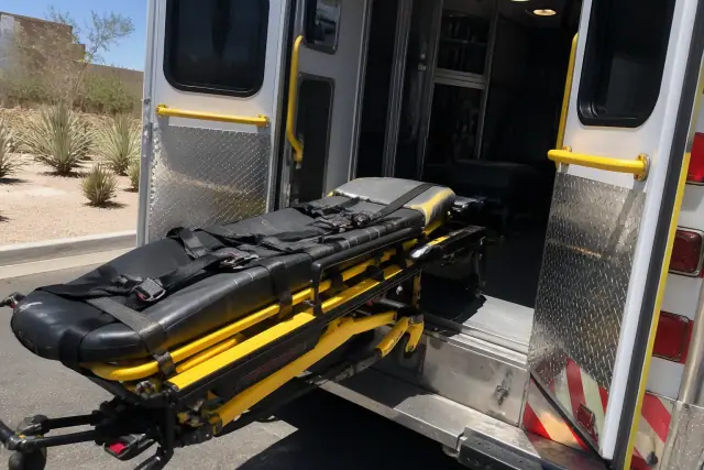 Stretcher secured at the rear of a medical transport vehicle during loading in Chandler, AZ.