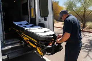 Technician checking stretcher safety belts and locking mechanism in a transport van in Phoenix, AZ.