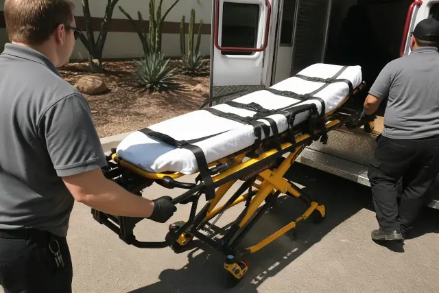 Two-person stretcher transport setup secured at the rear doors of an ambulance in Phoenix, AZ.