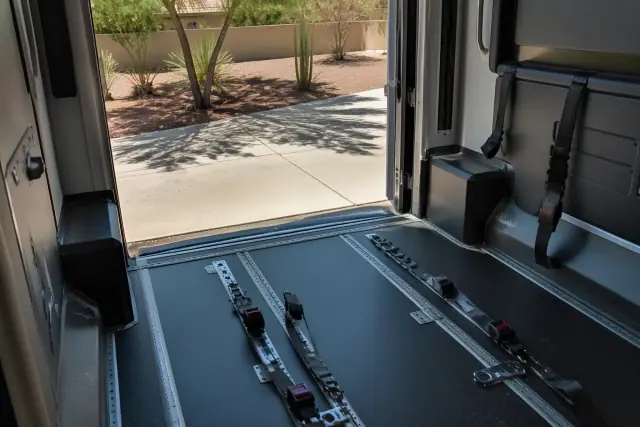 Wheelchair and stretcher securement station with tie-down straps in a transport vehicle in Phoenix, AZ.