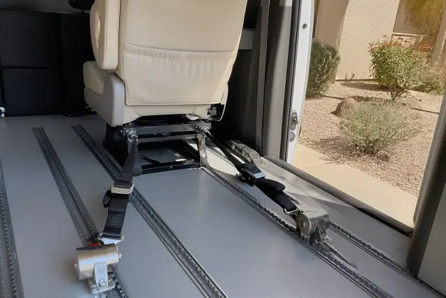 Wheelchair lift and four-point securement system installed in a van in Phoenix, AZ.