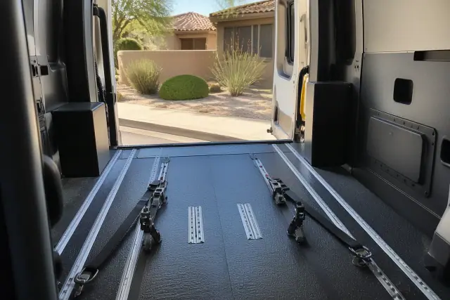 Wheelchair securement station with tie-down straps inside a medical van in Sun City, AZ, with desert landscape outside.