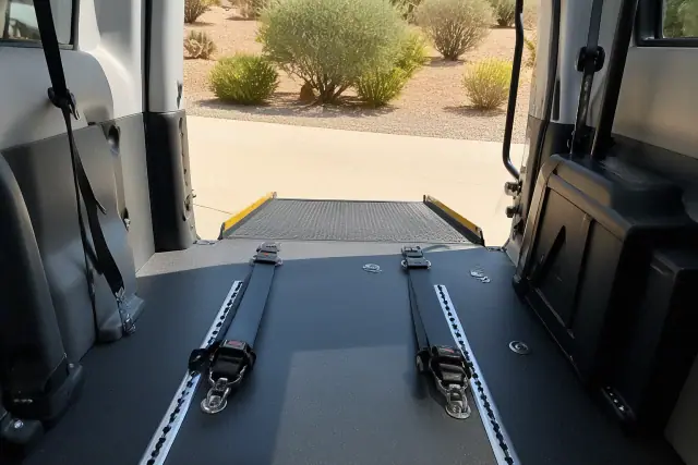 Wheelchair securement straps on a van floor with desert landscaping visible in Phoenix, AZ.