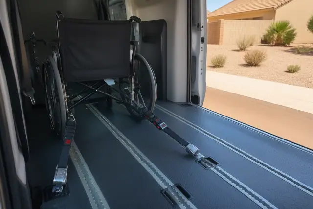 Wheelchair securement system with floor tracks and tie-down straps inside a medical transport van in Surprise, AZ.