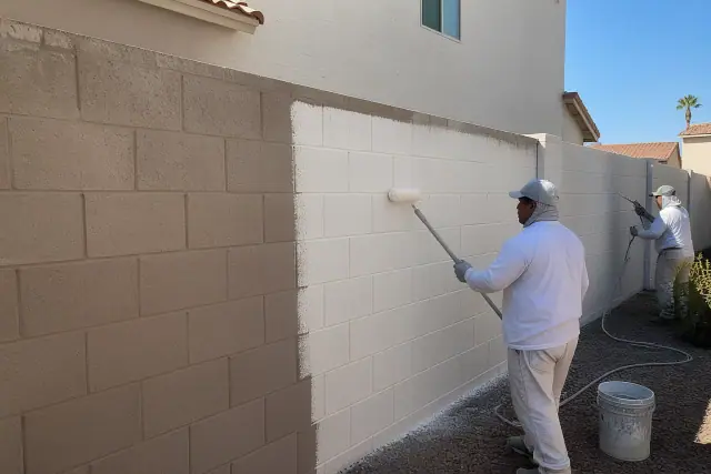 Airless sprayer and paint roller applying a coating to a concrete block wall at a job site in Phoenix, AZ.