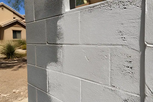 Milky-white alkali-resistant block filler being applied to a concrete wall in Phoenix, AZ.