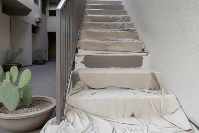 Freshly painted stairwell in a Gilbert, AZ apartment complex with drop cloths and potted prickly pear cacti.