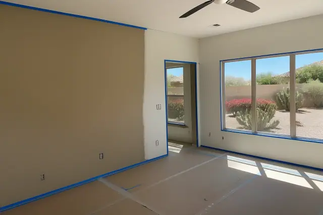 Empty living room in Phoenix, AZ with taped trim and freshly painted wall segments showing a transition in paint colors.
