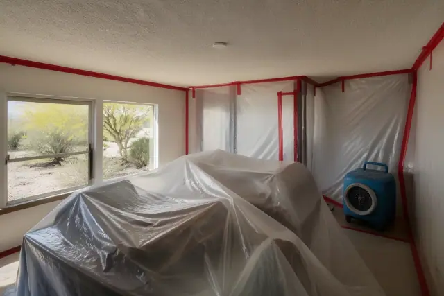 Residential room in Phoenix, AZ with furniture covered in plastic sheeting, containment barriers, and a HEPA air filter.