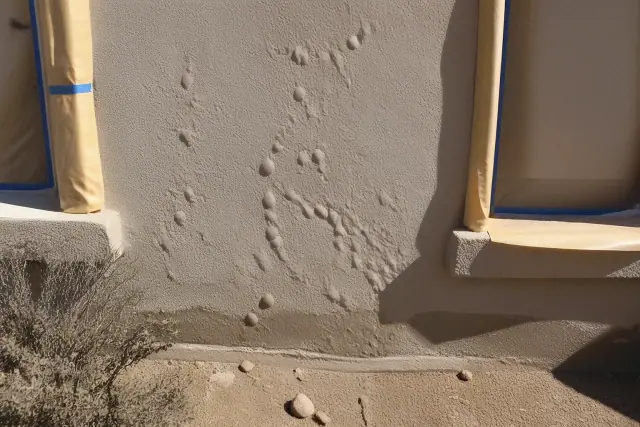 Moisture blisters on a stucco exterior wall at a job site in Phoenix, AZ.