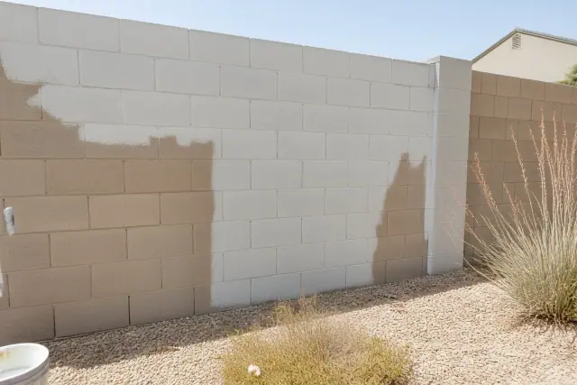 Half-painted concrete block masonry wall at a residential job site in Phoenix, AZ.