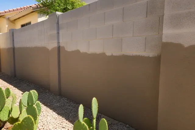 Half-painted masonry block wall in a residential backyard in Peoria, AZ with prickly pear cactus.