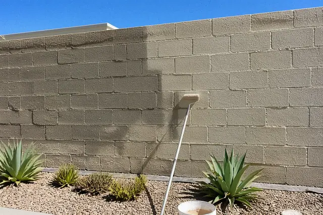 A worker painting a masonry wall with desert succulents in the foreground during a project in Scottsdale, AZ.