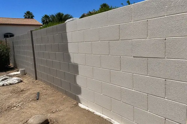 Half-finished masonry paint on a concrete block wall in Phoenix, AZ, with surrounding desert xeriscaping.