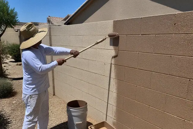 A worker painting a residential concrete block wall in the sun in Surprise, AZ.