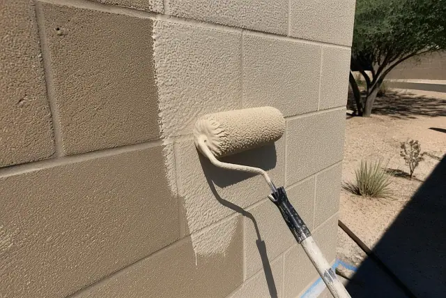 A paint roller applying fresh coating to a masonry wall at a job site in Goodyear, AZ.