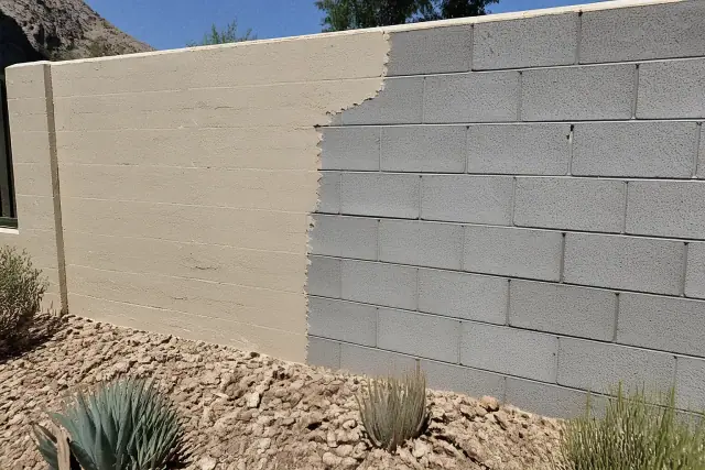 A residential masonry wall in Paradise Valley, AZ, showing half-painted stone texture with low-growing desert succulents.