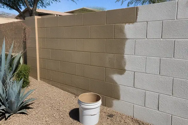 Half-finished masonry coating on a concrete block wall with agave plants in Phoenix, AZ.