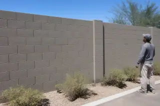 Technician inspecting a fully painted masonry wall with desert scrub landscaping at a jobsite in Phoenix, AZ.